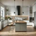 Cocina moderna con isla central de madera, mobiliario blanco sin tiradores y electrodomésticos integrados, ejemplo de diseño de cocinas funcional y elegante.
