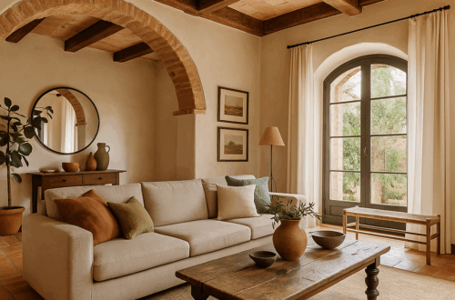 Salón de estilo murciano con vigas de madera, suelos de barro cocido, sofá beige y decoración artesanal en tonos tierra.