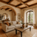 Salón de estilo murciano con vigas de madera, suelos de barro cocido, sofá beige y decoración artesanal en tonos tierra.