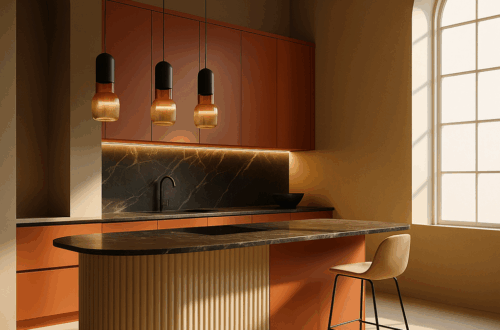 Cocina moderna con isla curva, encimera de mármol oscuro, muebles terracota y luz natural entrando por una gran ventana arqueada.