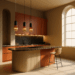 Cocina moderna con isla curva, encimera de mármol oscuro, muebles terracota y luz natural entrando por una gran ventana arqueada.
