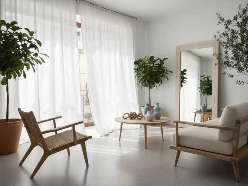 Salón pequeño optimizado con interiorismo en Murcia: suelo continuo, luz natural y almacenaje a medida.