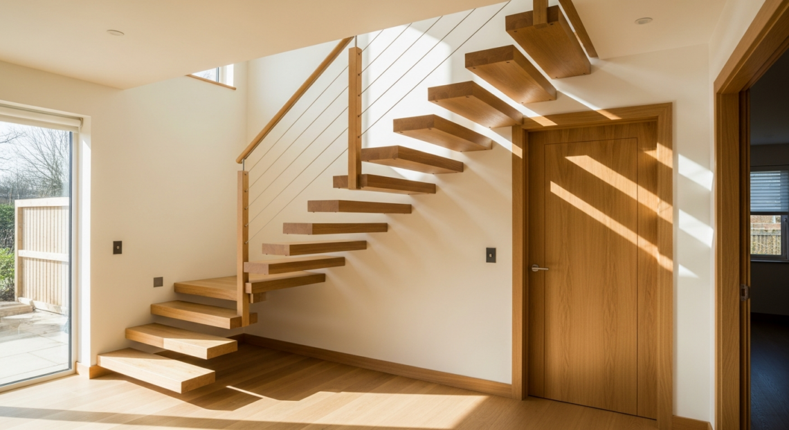 Escalera de madera a medida con diseño flotante junto a puerta de madera integrada en un proyecto de interiorismo contemporáneo.