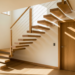 Escalera de madera a medida con diseño flotante junto a puerta de madera integrada en un proyecto de interiorismo contemporáneo.