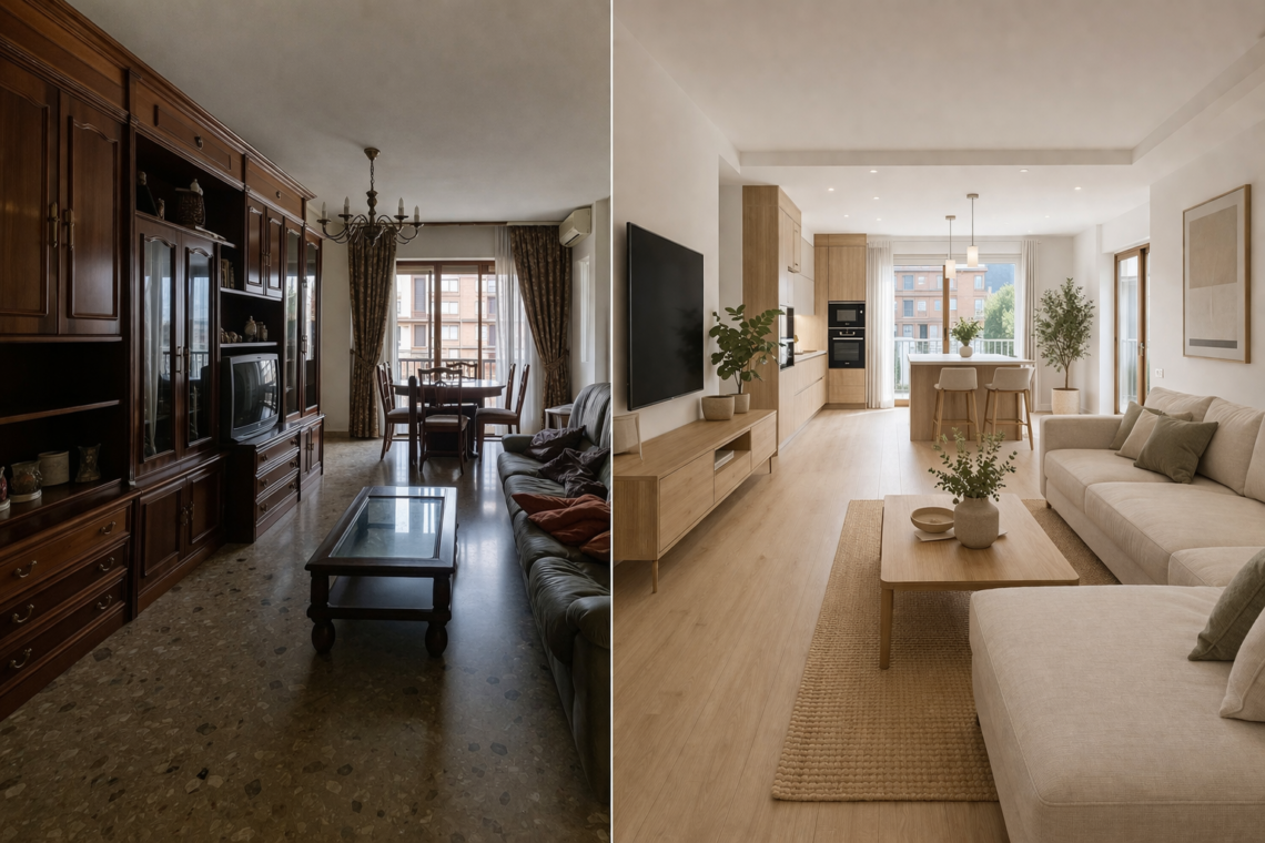 antes y después de reforma integral en Murcia con salón y cocina abierta