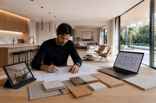 Interiorista planificando una reforma integral con planos, muestras de materiales y diseño de una vivienda moderna.