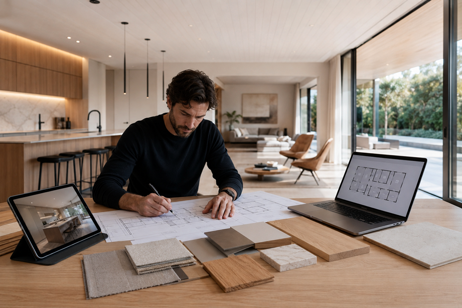 Interiorista planificando una reforma integral con planos, muestras de materiales y diseño de una vivienda moderna.