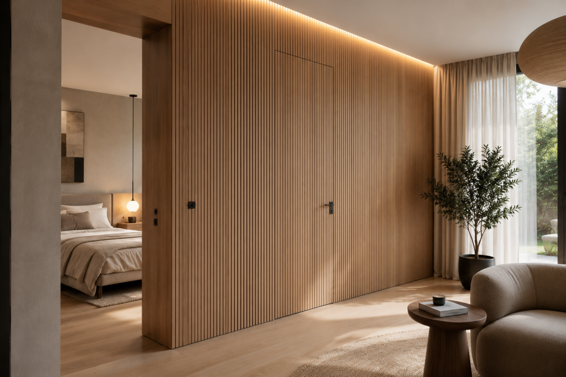 Panelado de madera con puertas ocultas integradas en una vivienda moderna realizado mediante carpintería a medida.