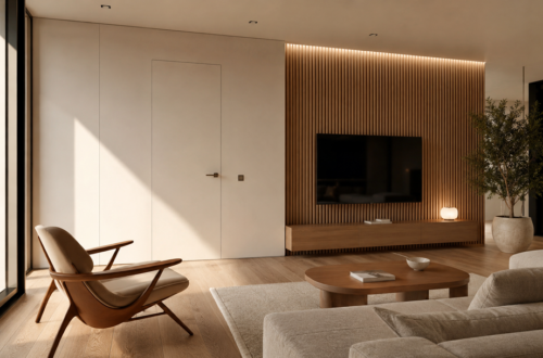 Puerta oculta integrada en un salón moderno con panelado de madera realizado mediante carpintería a medida.