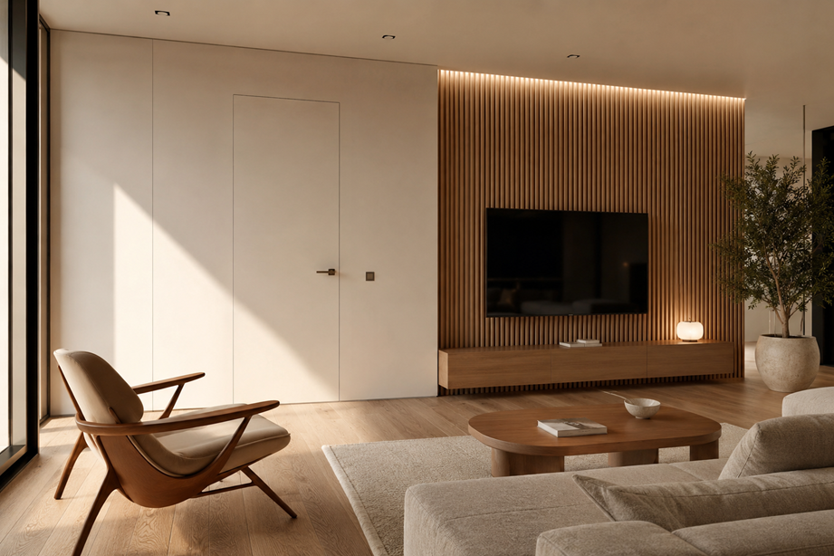 Puerta oculta integrada en un salón moderno con panelado de madera realizado mediante carpintería a medida.